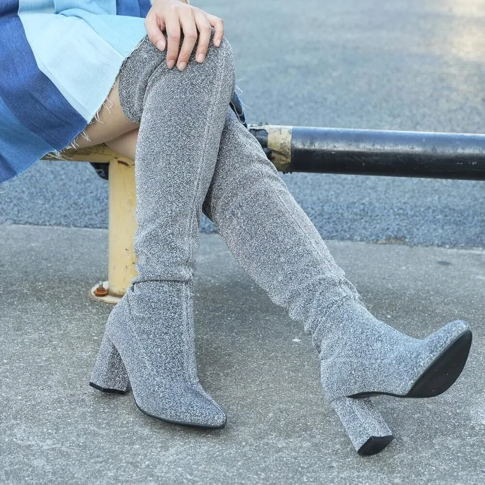 🆕Women's Silver Synthetic Thigh High Pointy-toe Shiny Dressy Over The Knee Boot